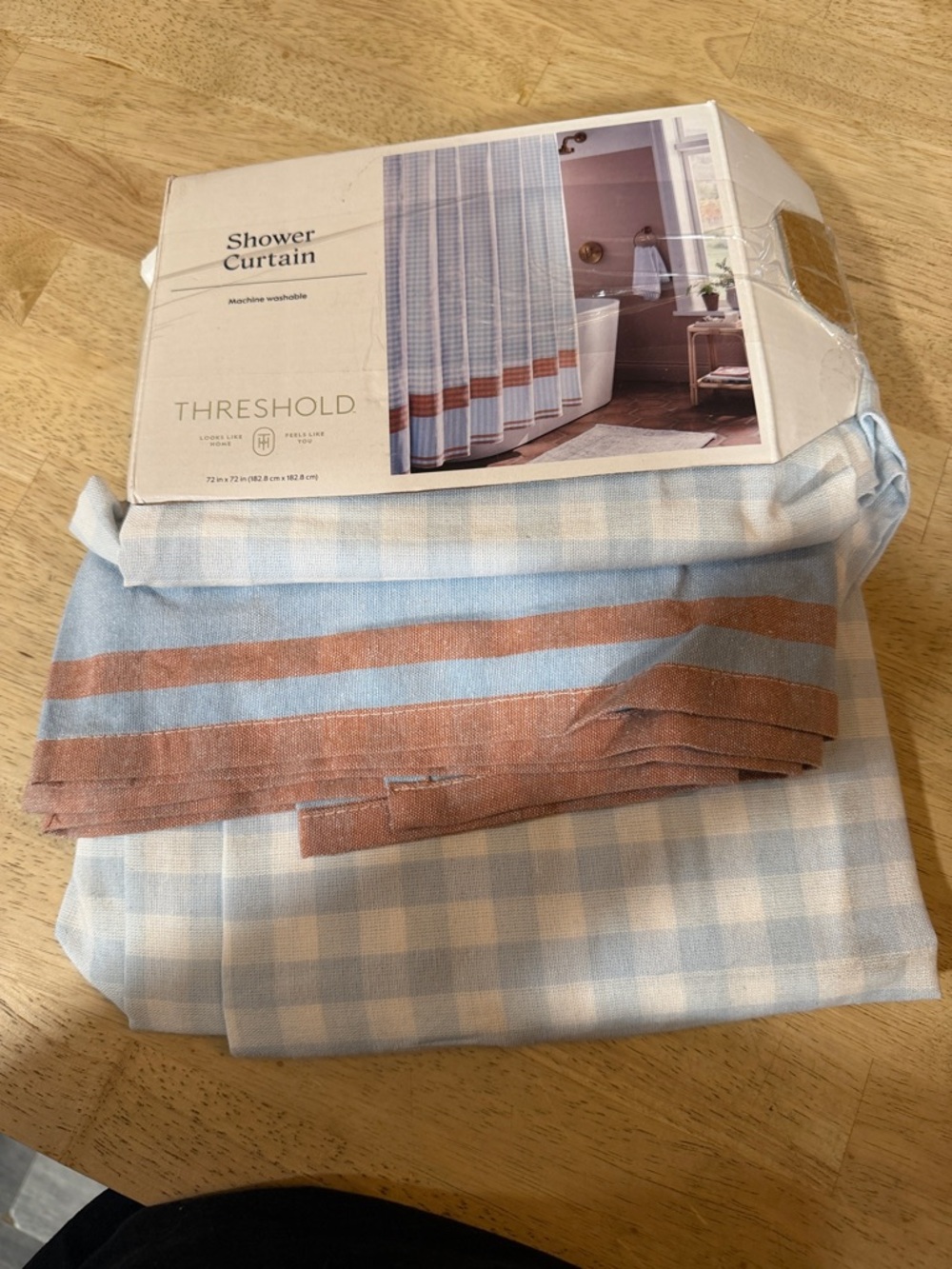 Threshold Blue and Tan Striped Gingham Shower Curtain Panel(6)
